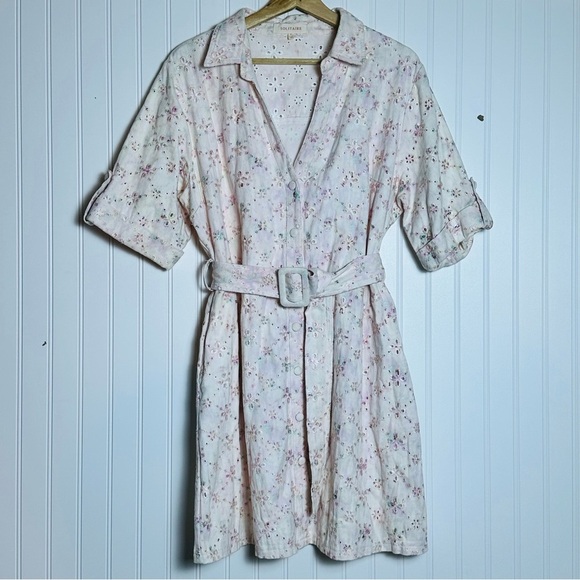 SOLITAIRE TIE DYE PINK FLORAL EYELET BARBIE BARBIECORE SHIRT DRESS BELTED XL - Picture 2 of 10